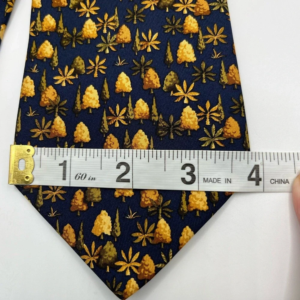 Salvatore Ferragamo Navy Blue Brown Tree Fall Foilage 100% Silk Tie